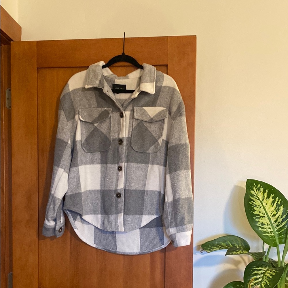 Gray and White Plaid Button-Up Shacket